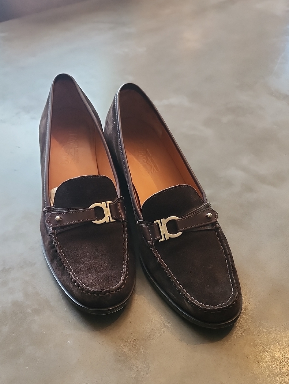 Salvatore Ferragamo Dark Brown Suede Loafers with Silver Gancini